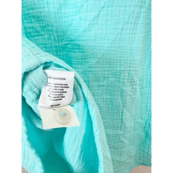 Foxcroft Womens Size Medium Textured Cotton Button Front Aqua Ruched Sleeve Blue - Picture 6 of 6
